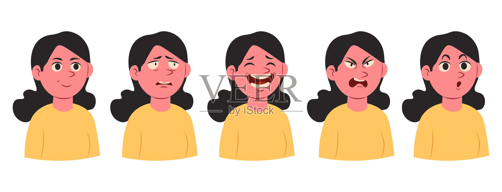 女性角色的情感合集。角色表现出平静、快乐、惊讶、害怕和愤怒等情绪。各种情绪的面孔。插画图片素材