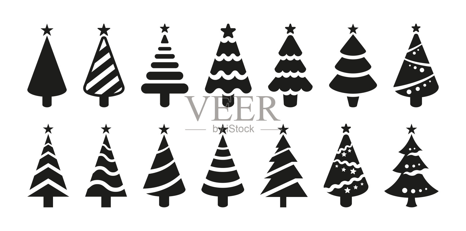黑色圣诞树图标,轮廓。复古矢量图标,背景为白色。顶部有星星的圣诞树轮廓。用于装饰的大型套件。插画图片素材