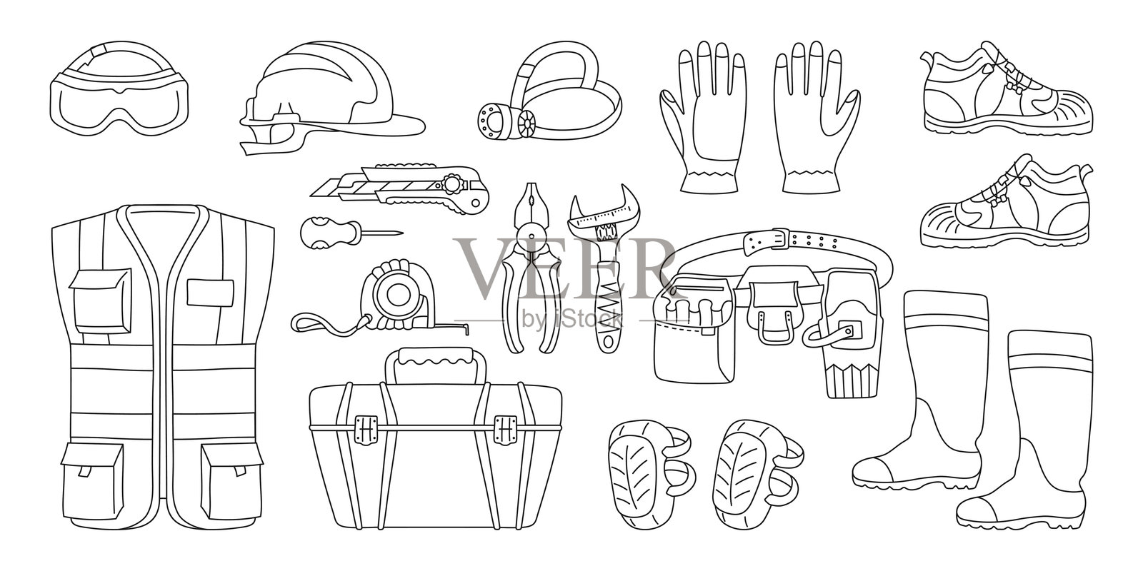 建筑工人设备和服装,建筑涂鸦工具,施工设备套件,维修服务插画图片素材