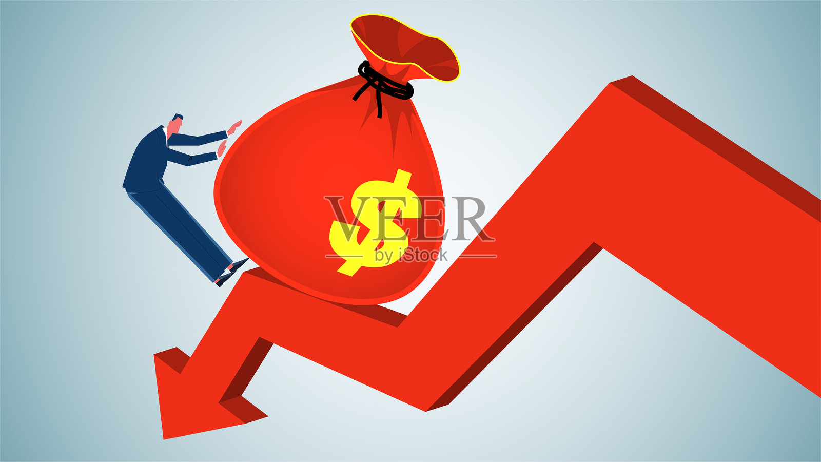 钱袋里的钱减少,收入或利润下降,商人摇摇欲坠地站在下跌的箭头上。插画图片素材