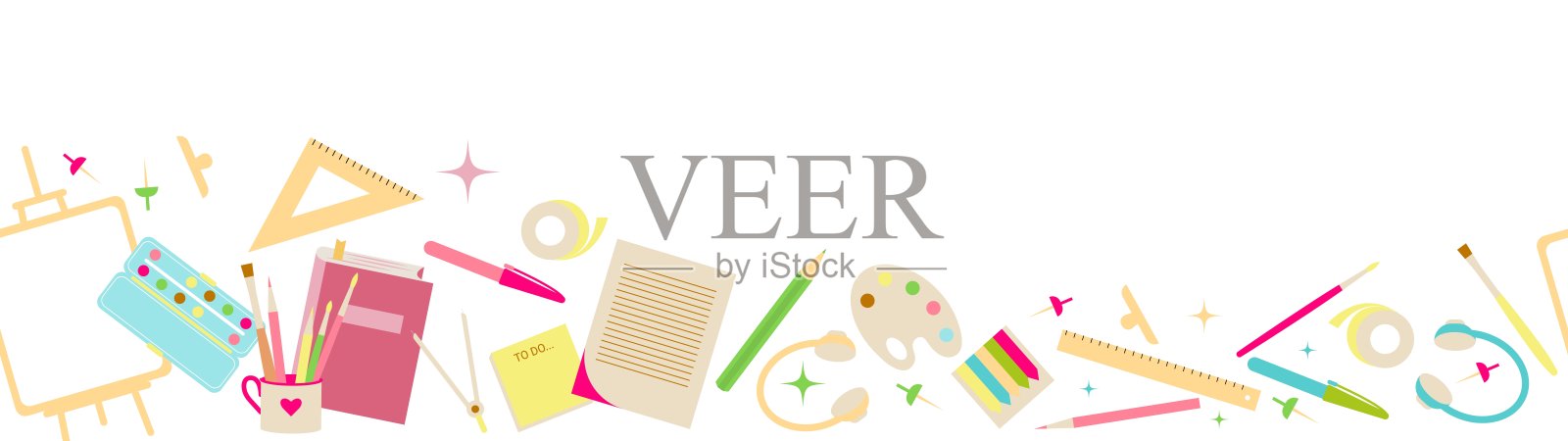 文具、科学或返校主题的长背景或横幅,包含三角尺、纸张、夹子、贴纸、绘图用的圆规、耳机、铅笔、画布、胶带、颜料、待办事项清单和图钉。插画图片素材