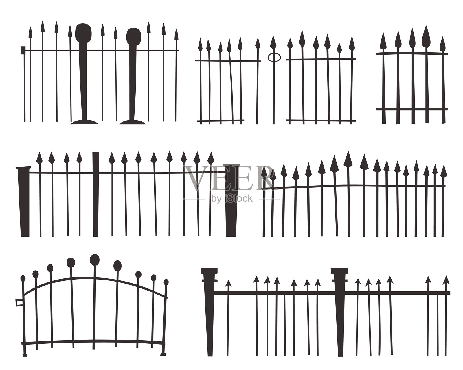 各种围栏设计的集合,全部以黑色剪影形式呈现。插画图片素材