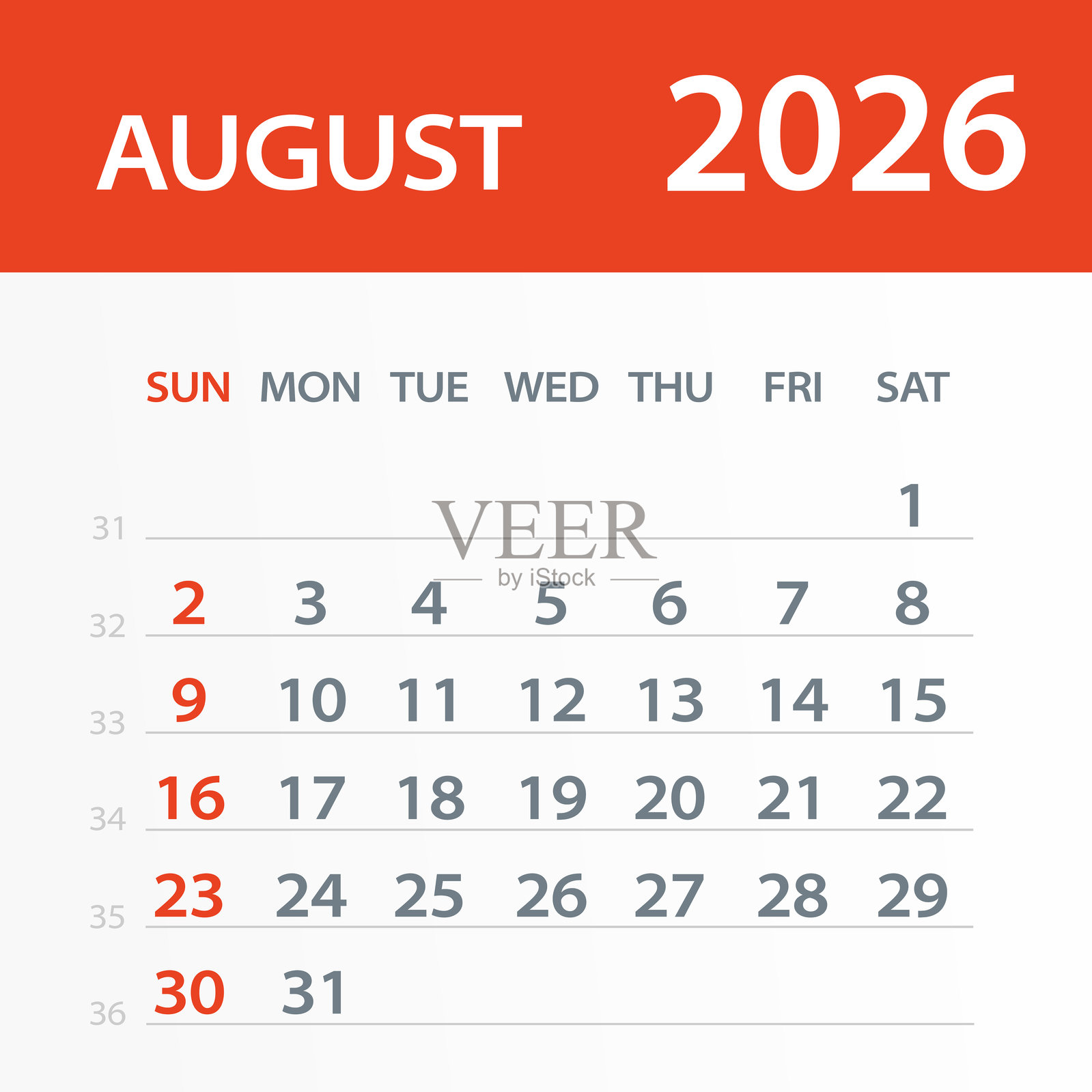 2026年8月日历叶 - 矢量插图插画图片素材