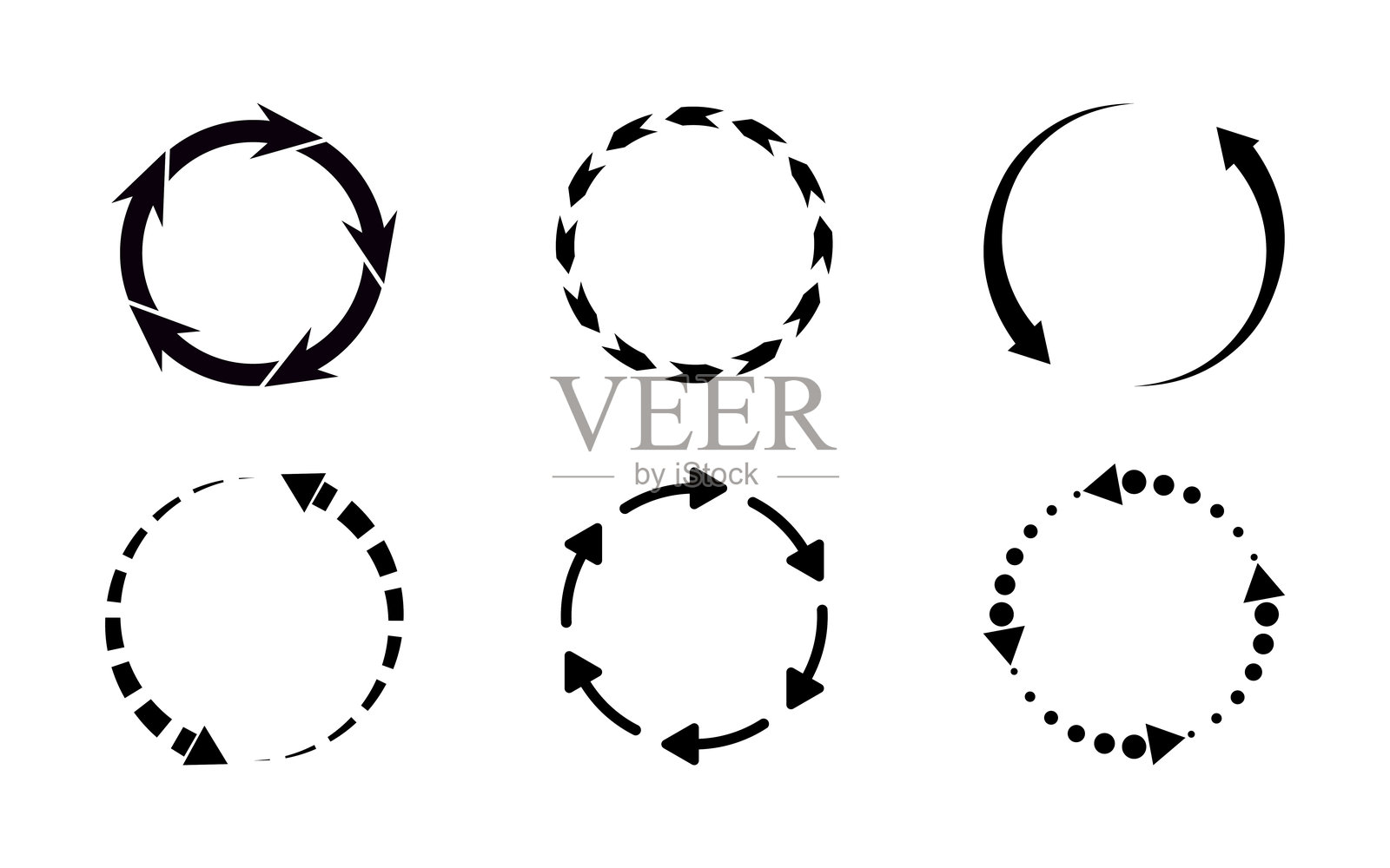 不同的黑色圆形箭头。顺时针旋转的箭头符号。箭头标志矢量插图。插画图片素材