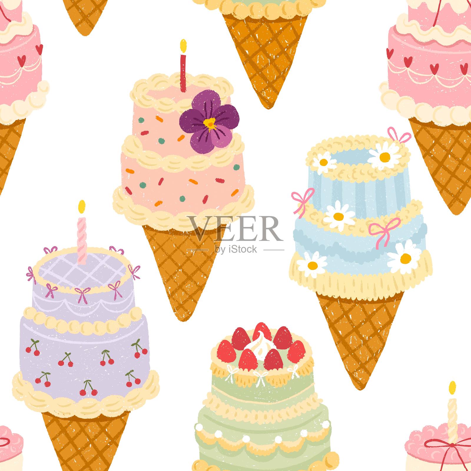 时尚的矢量图案,展示可爱的便当蛋糕装在华夫筒中,装饰有草莓、蝴蝶结、樱桃和花朵。适合可爱风格的包装或设计,适合婴儿打印和夏季纺织品。插画图片素材