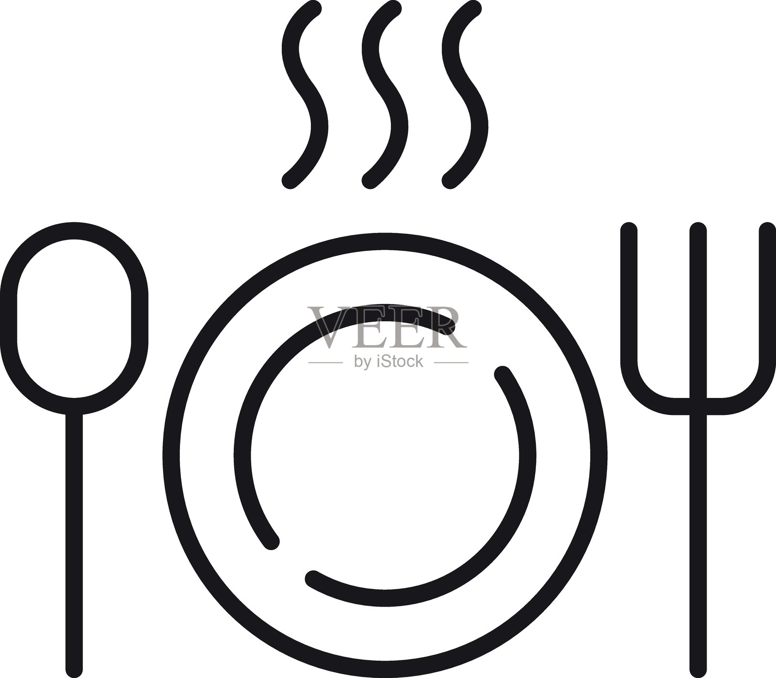 盘子上放着餐具和蒸汽的图标,象征着食物,采用细线风格。插画图片素材