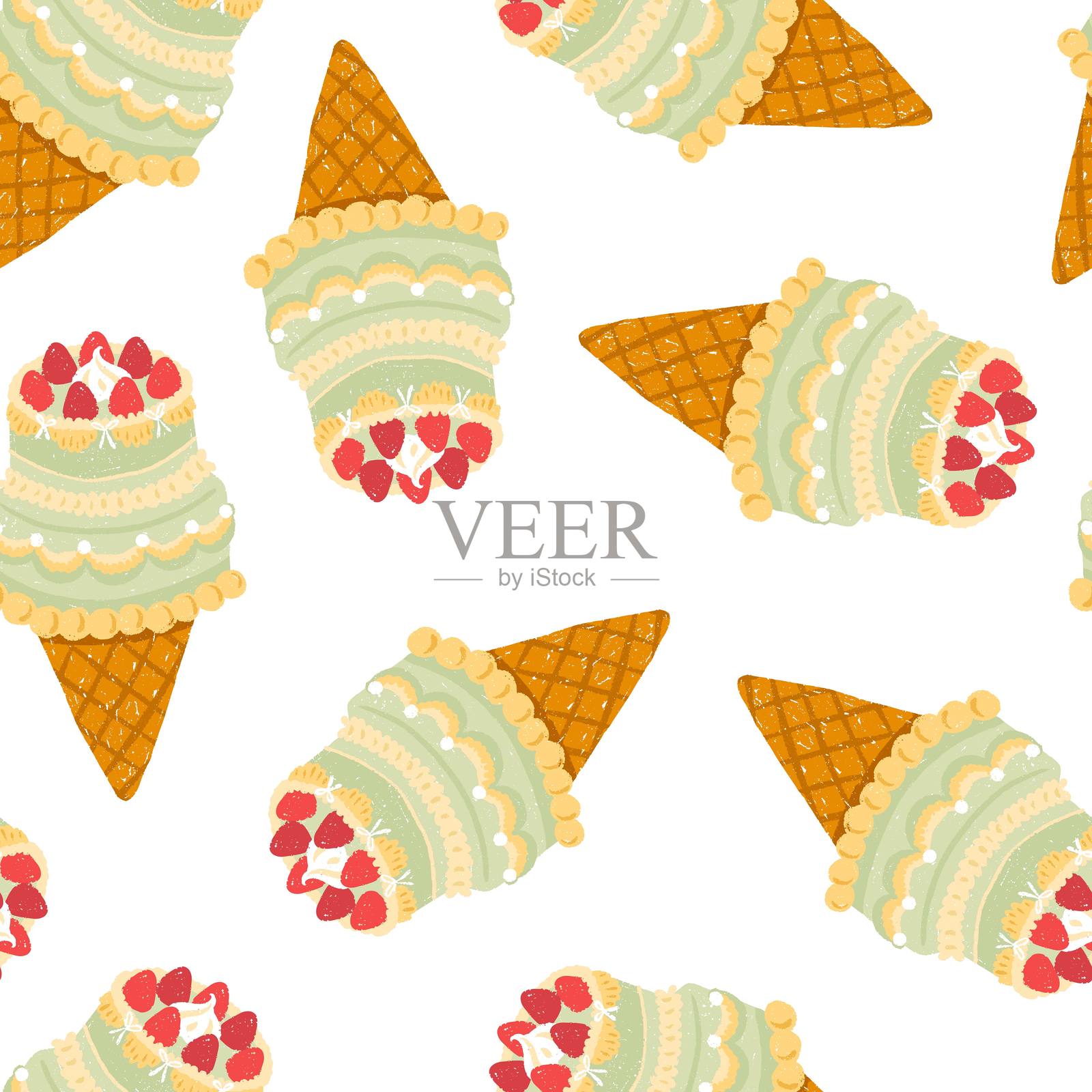 可爱的矢量无缝图案,包含复古手绘的蛋糕冰淇淋甜筒,上面装饰着草莓。粉笔蜡笔风格,适合用于包装、派对用品、礼品包装和数字使用。插画图片素材