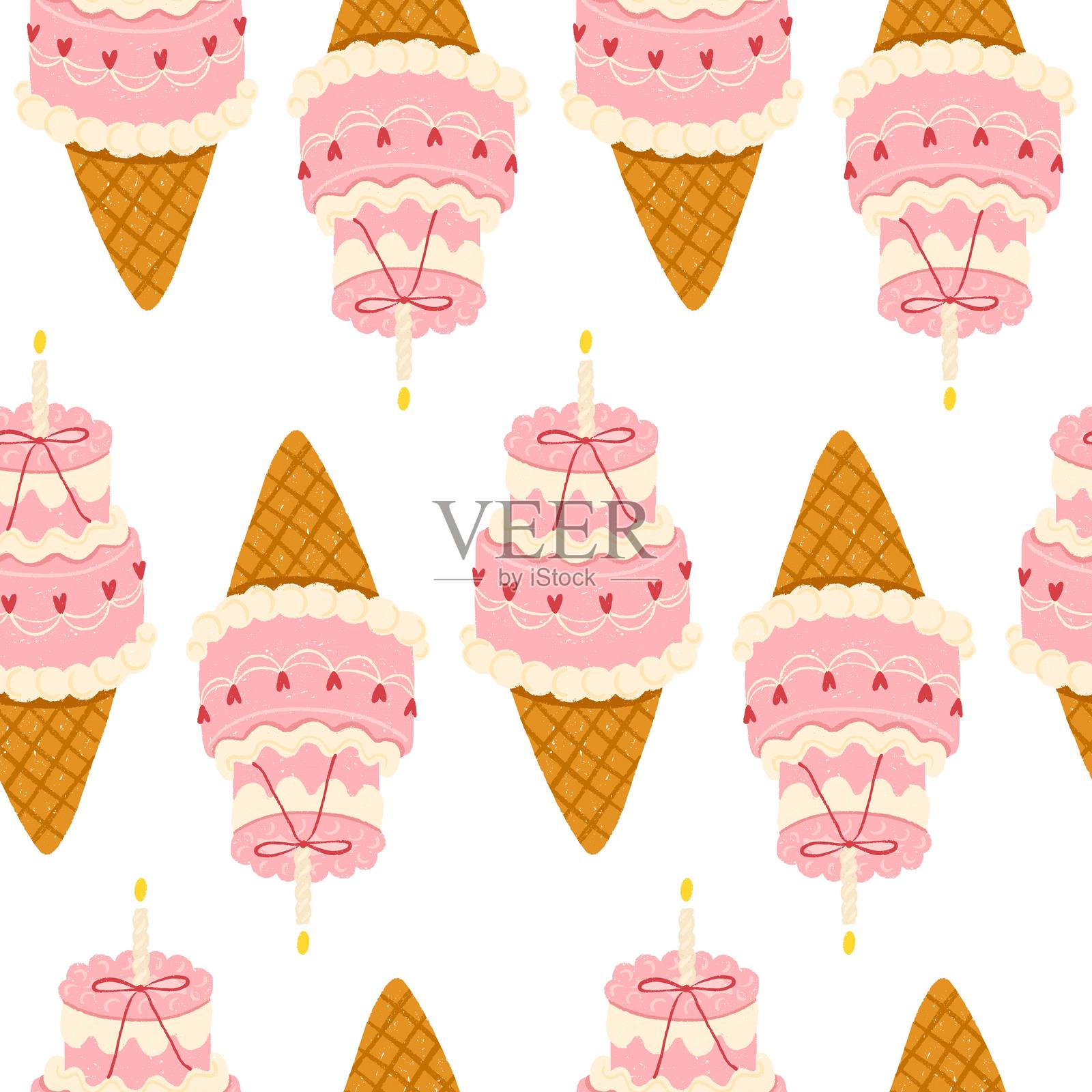 可爱的矢量无缝图案,包含粉色的便当蛋糕冰淇淋甜筒,上面装饰着小心心、蝴蝶结和蜡烛。手绘蜡笔风格。非常适合情人节、生日装饰和包装。插画图片素材
