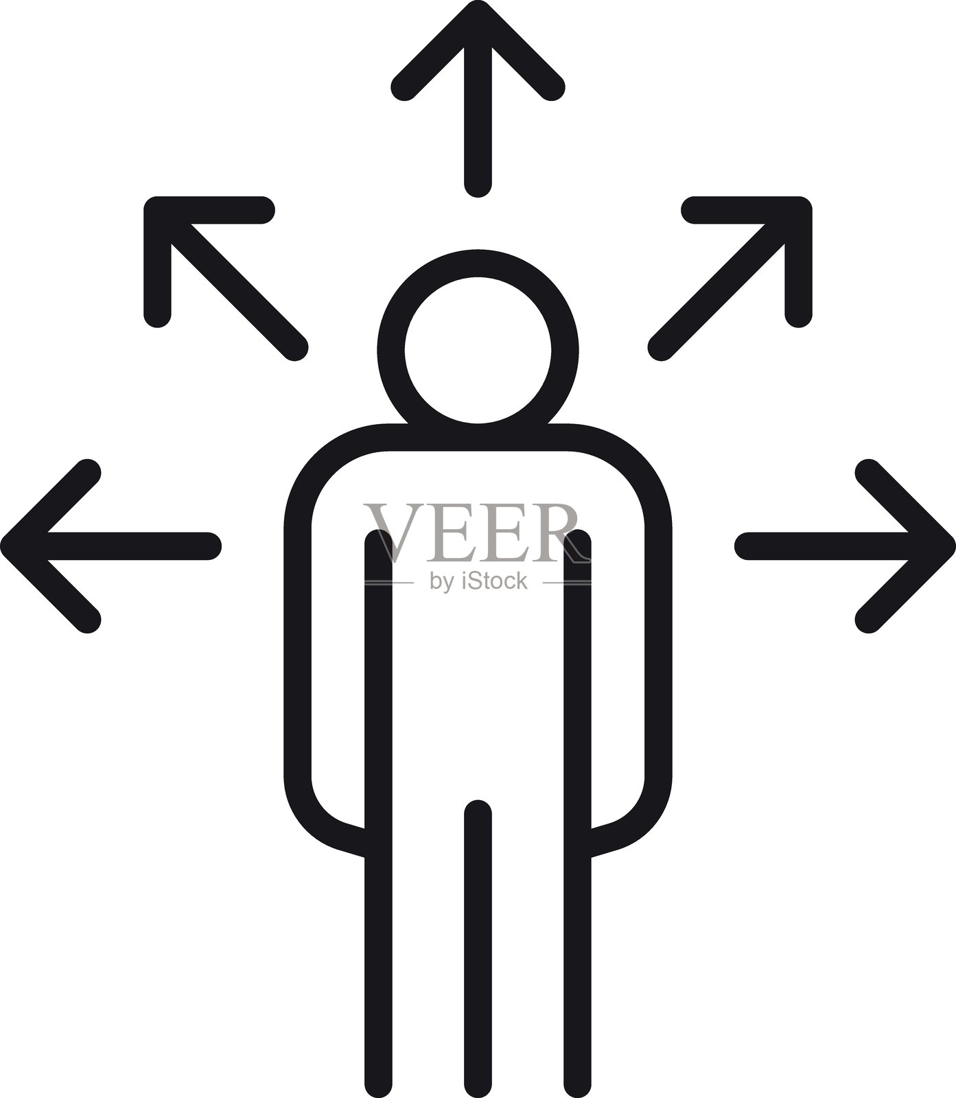 抽象人形图标,带有指向不同方向的箭头,采用细线风格。插画图片素材