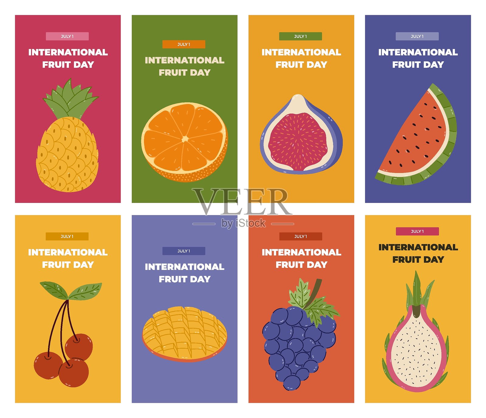 国际水果日的时尚竖版故事大集合,包含生动的卡通插图,有葡萄、橙子、菠萝、芒果和无花果。适合社交媒体的甜美食品问候概念横幅。插画图片素材