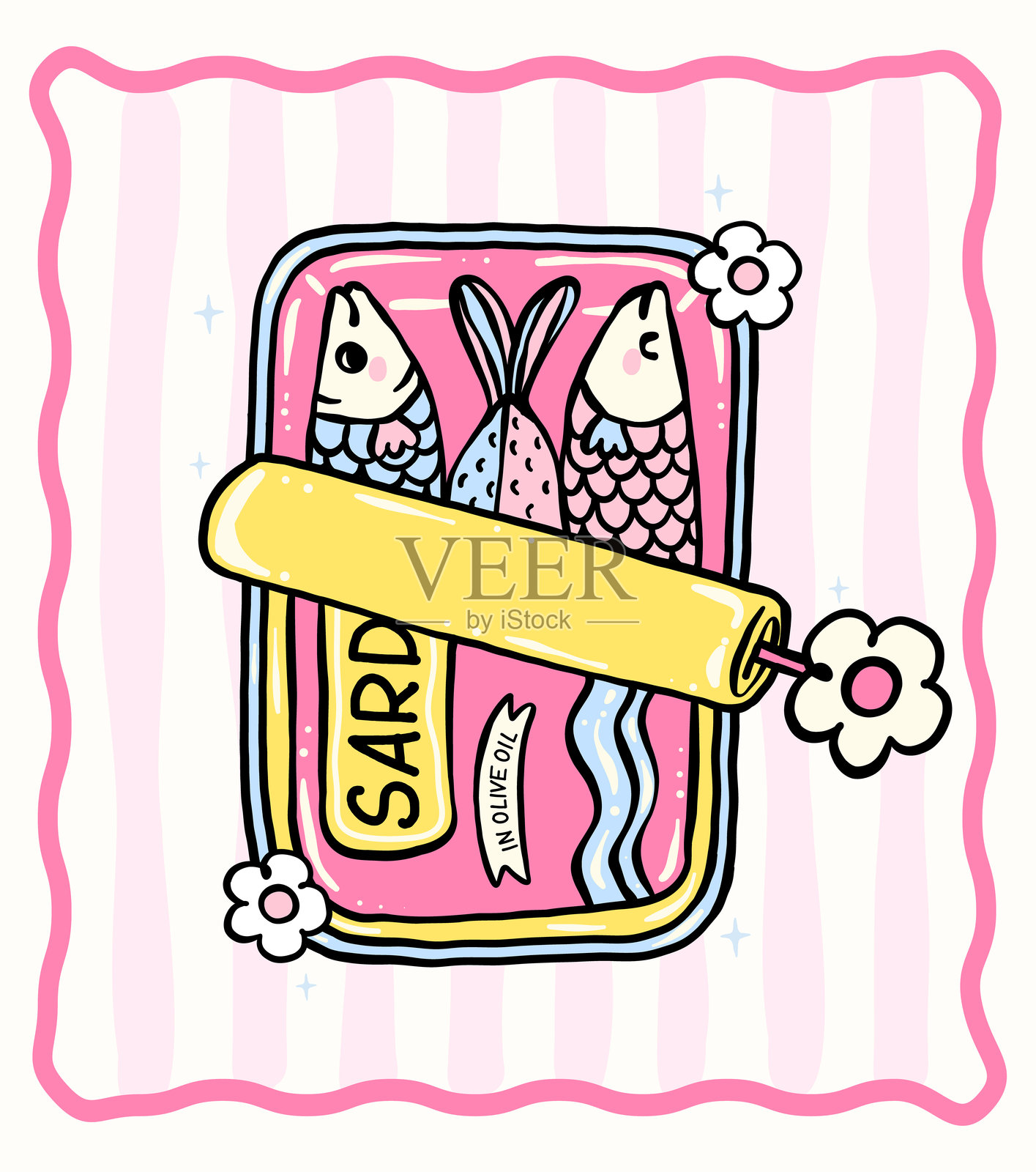 可爱的少女风格粉彩沙丁鱼,装在打开的罐头里,法式渔夫风格,奇幻手绘涂鸦套装,适用于T恤升华、贴纸和墙面艺术。插画图片素材