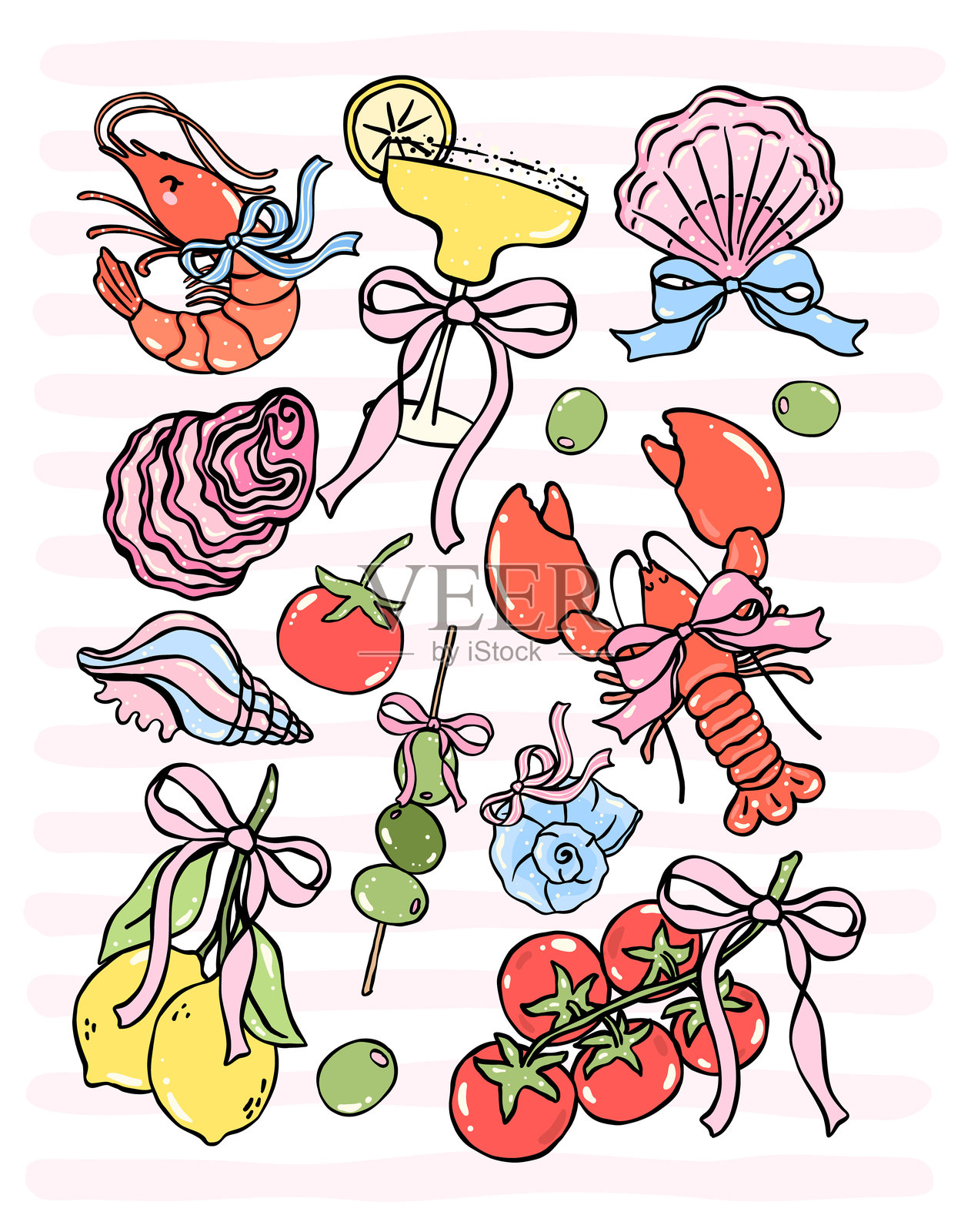 复古渔夫美学,粉彩可爱风格,灵感来自阿马尔菲的甜蜜生活,完美适合海鲜剪贴画和厨房墙面装饰。插画图片素材