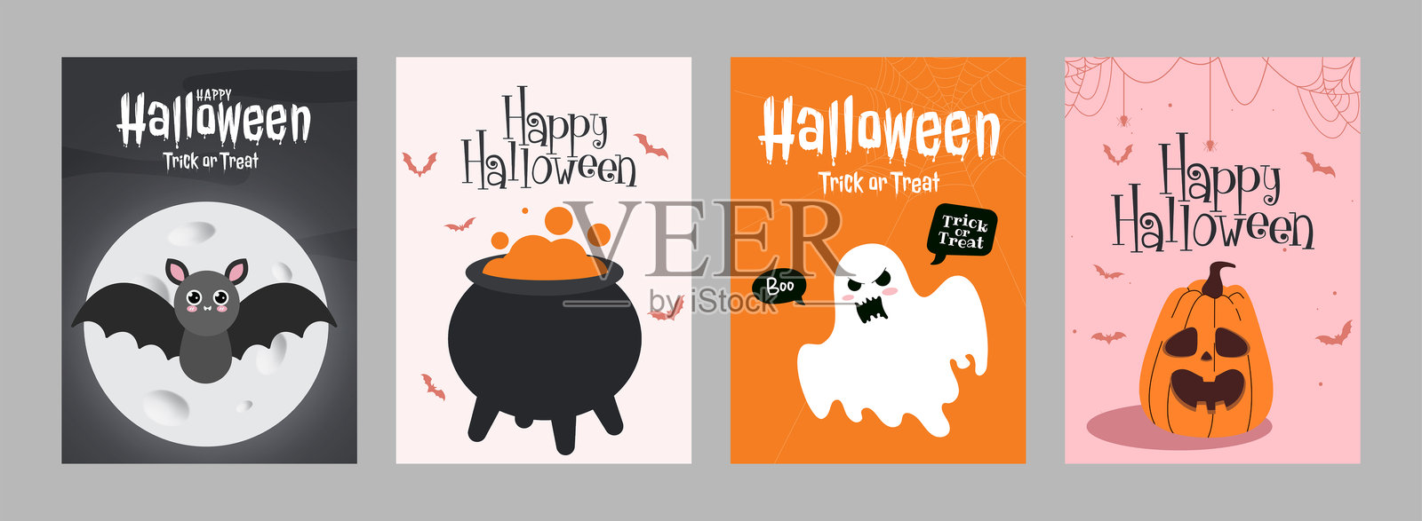 万圣节快乐问候剪贴画海报套装。万圣节“不给糖就捣蛋”恐怖和阴森的邀请卡剪贴画合集。插画图片素材