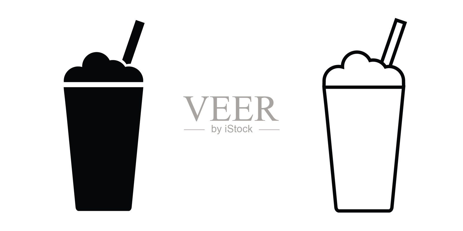 显示饮料杯中带吸管的图标,包含黑色剪影和轮廓两种形式插画图片素材