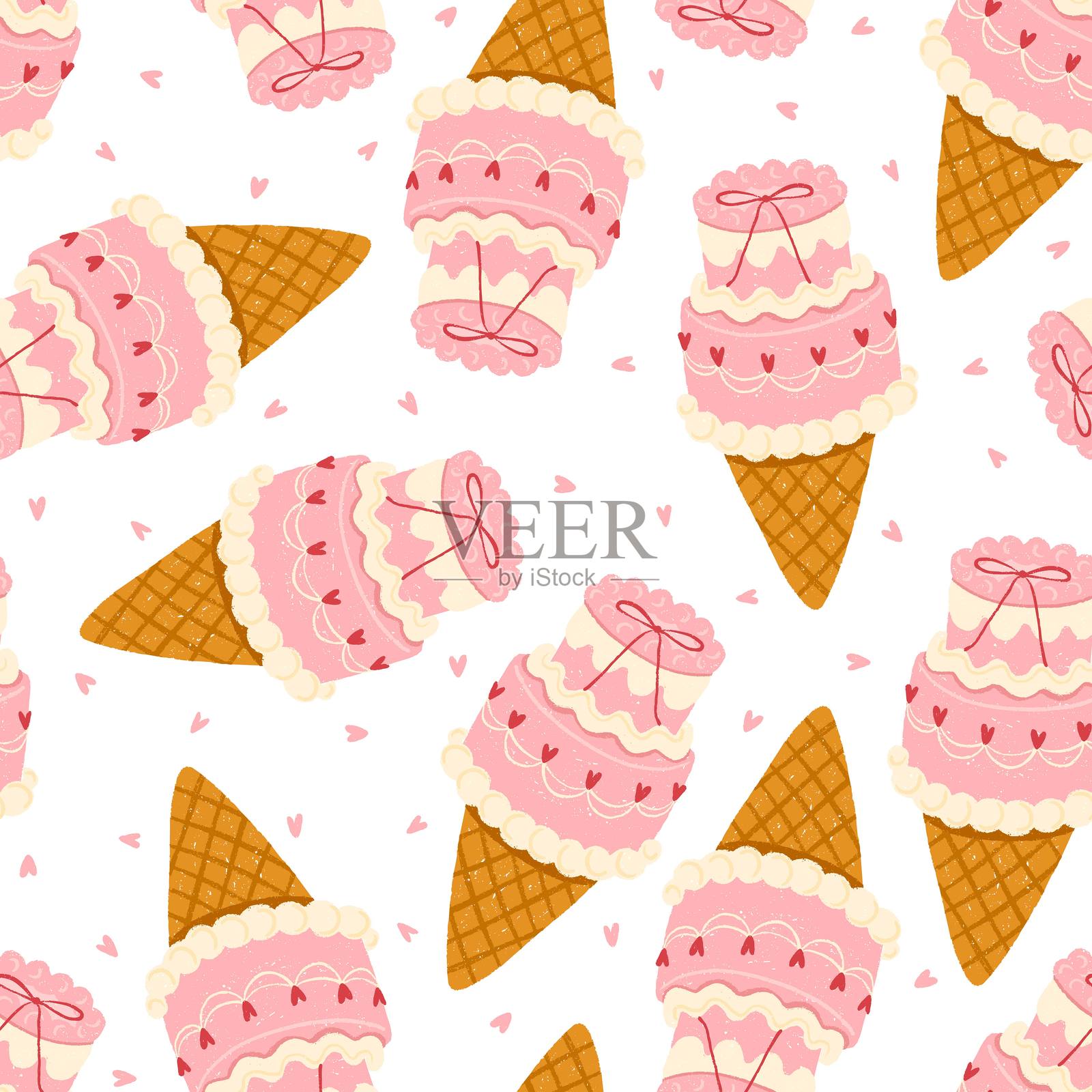 可爱的矢量无缝图案,包含粉色的便当蛋糕冰淇淋甜筒,上面装饰着小心心、蝴蝶结和蜡烛。手绘蜡笔风格。非常适合情人节、生日装饰和包装。插画图片素材