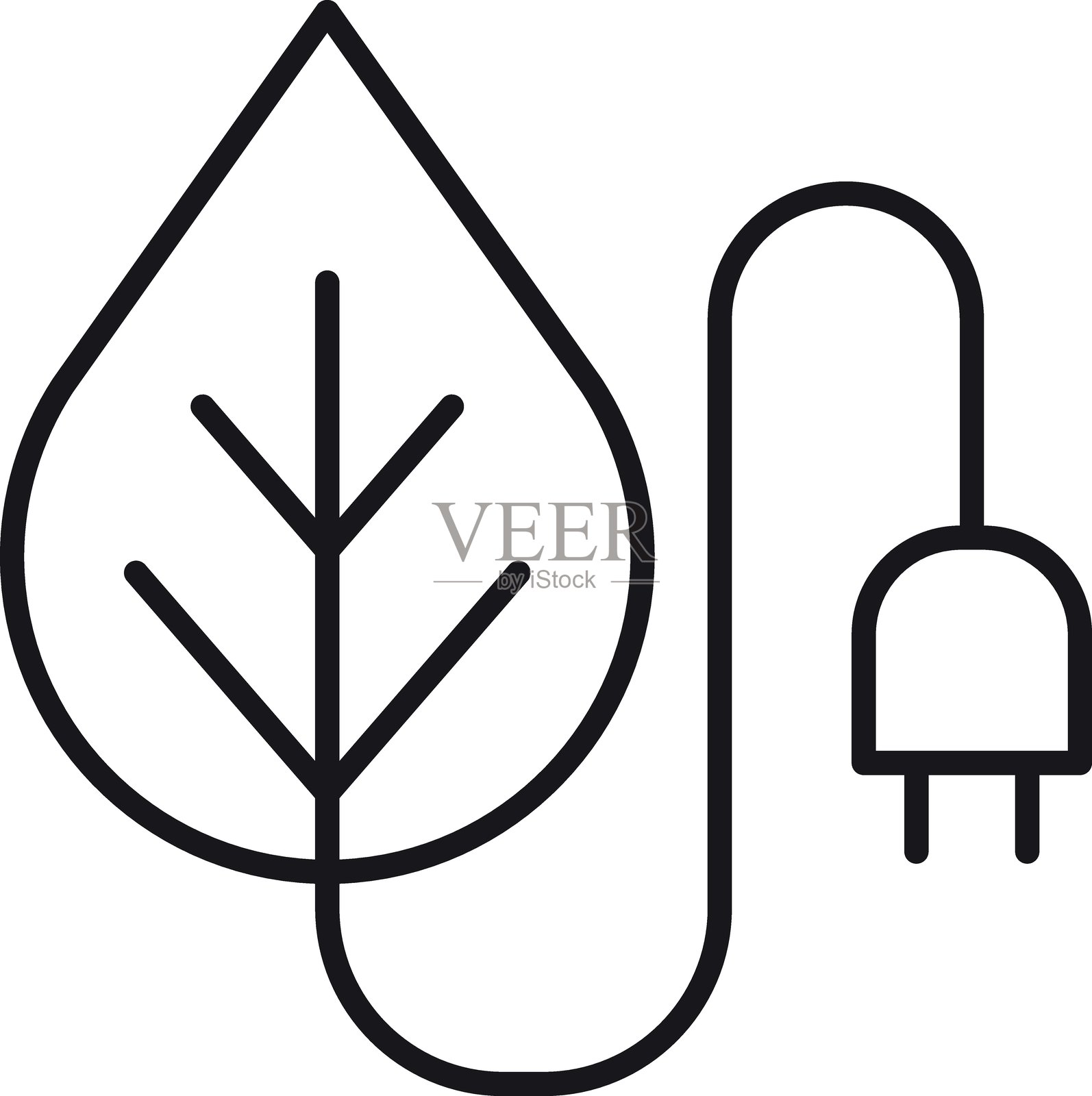 环保叶子与电插头设计的图标,体现可持续发展理念,采用细线风格。插画图片素材