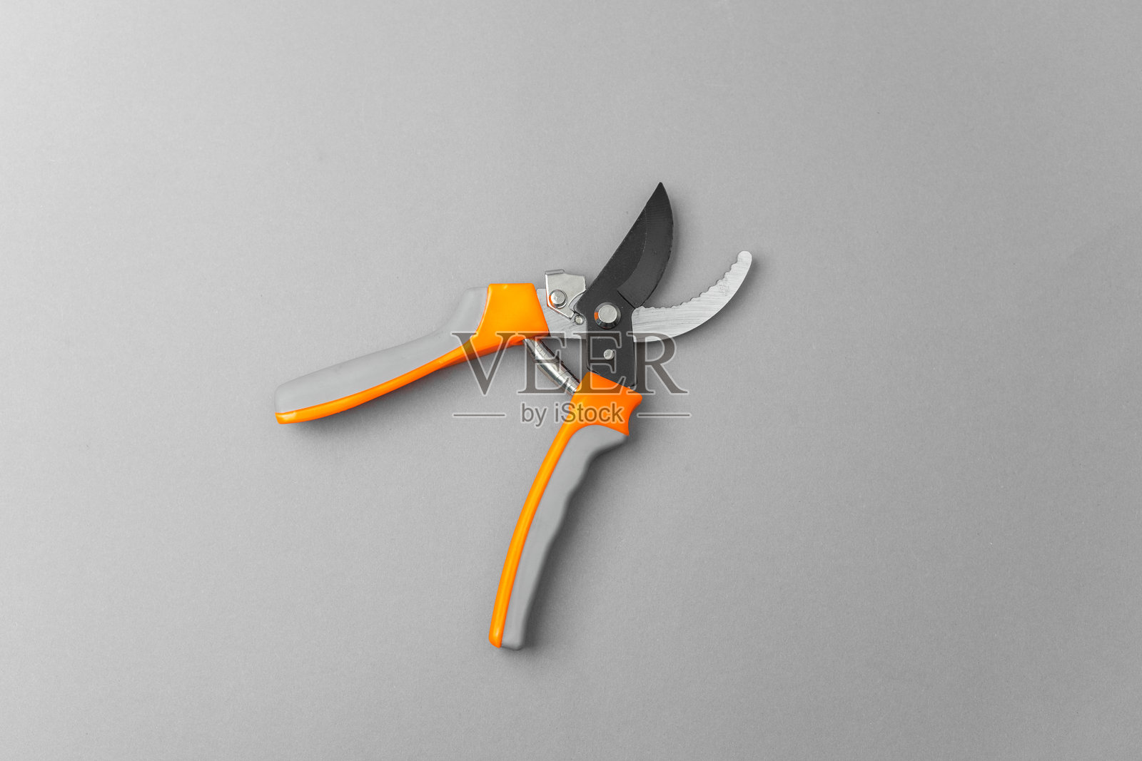 带有橙色和灰色手柄的园艺剪刀,背景为灰色照片摄影图片