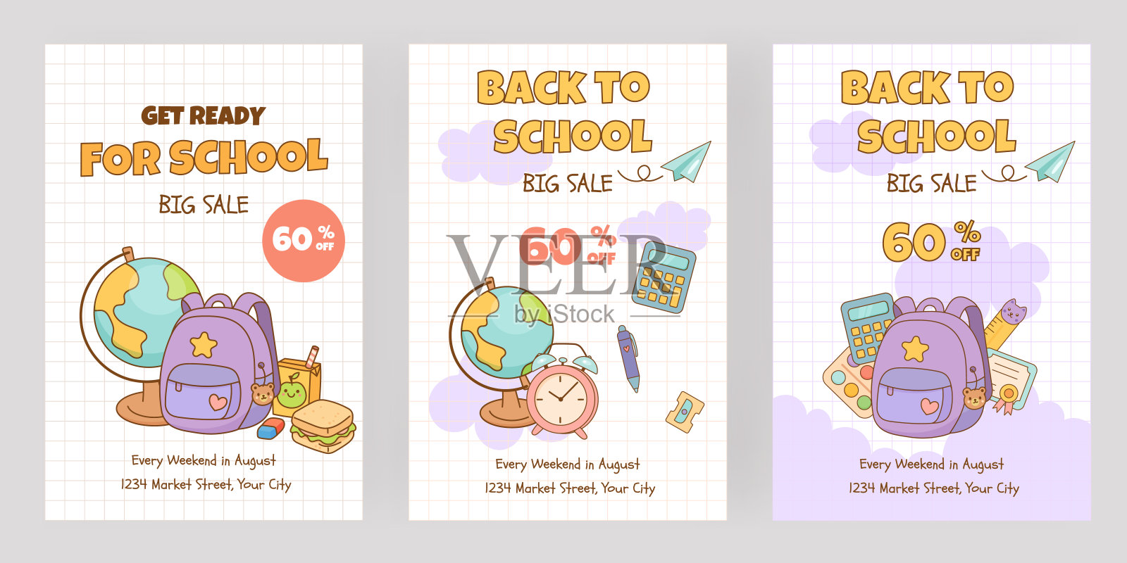 返校季促销海报,包含折扣和文具用品插画图片素材