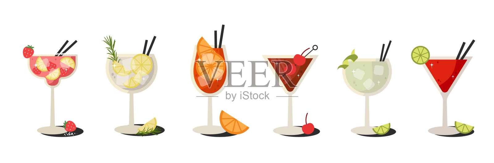 手绘复古风格的夏季鸡尾酒。包括曼哈顿、金汤力、玛格丽塔和水果酒精饮料。适合派对装饰、酒吧设计或清爽的夏季视觉效果的时尚矢量套件。插画图片素材