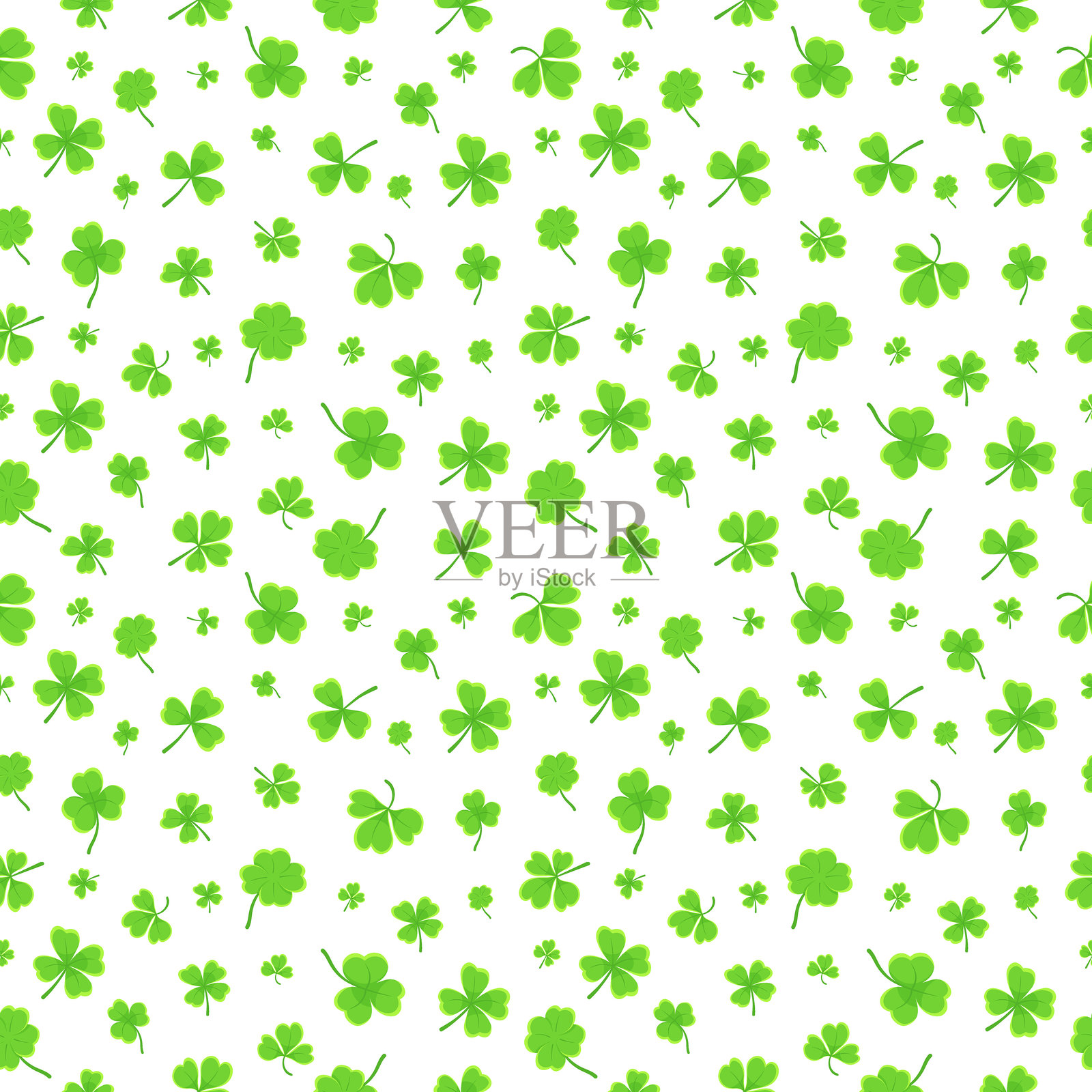 三叶草或苜蓿叶平面设计绿色无缝图案,白色背景上的飘落叶子矢量插图。插画图片素材