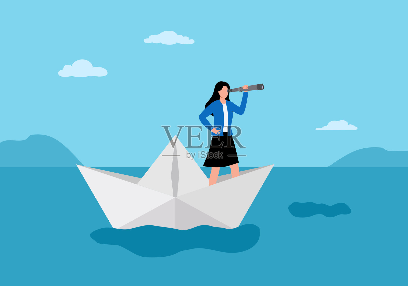 商业女性领导者通过望远镜观察,站在海上漂浮的纸船上,手持桨。插图矢量图。插画图片素材