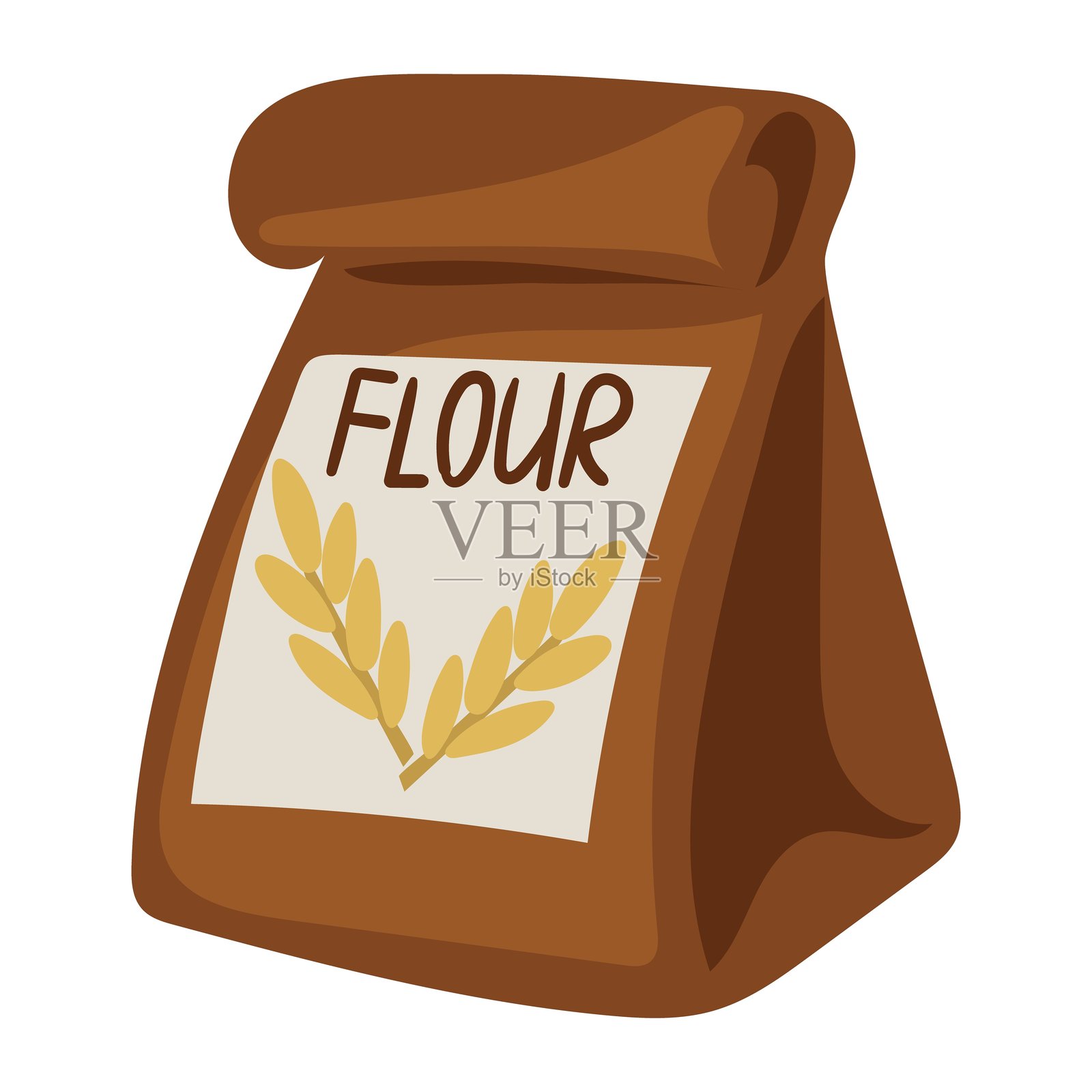插图展示了一个装满面粉的棕色封闭纸袋,可用于准备您最喜欢的菜肴和糕点。烹饪菜肴的原料。包装上有产品名称。插画图片素材