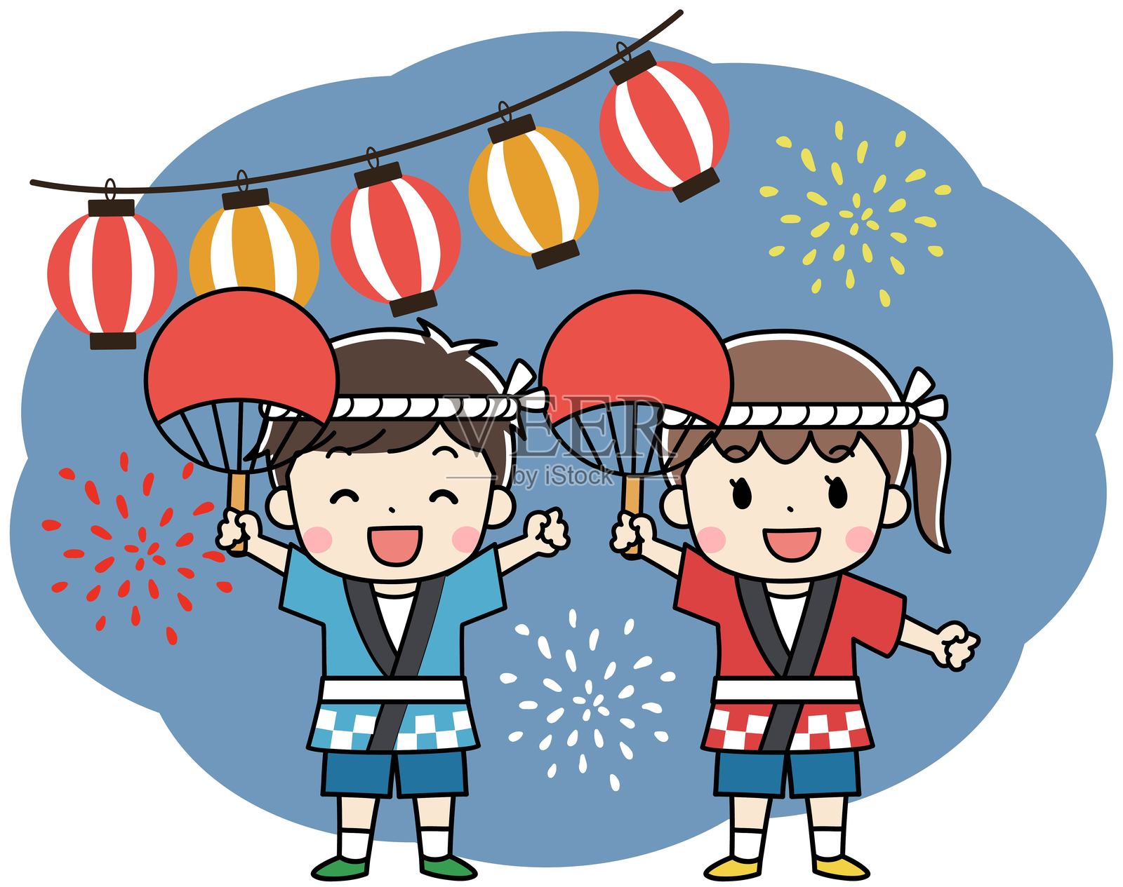 穿着法被的孩子们在夏季节日中尽情享受插画图片素材