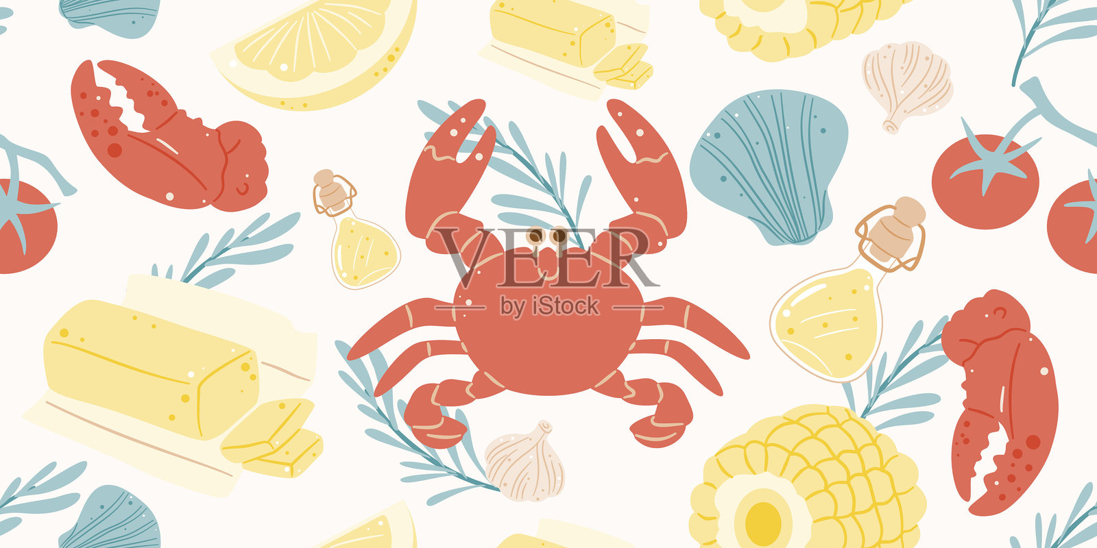 无缝图案,包含螃蟹、黄油、玉米和香草。非常适合海鲜菜单、横幅、背景或厨房设计。插画图片素材