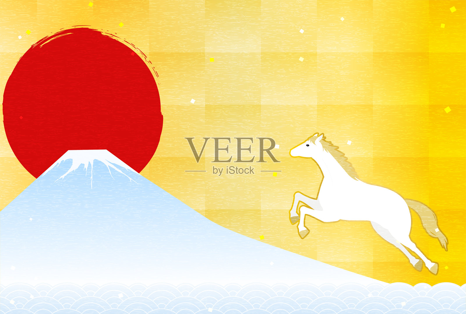 2026年马年贺卡,马,富士山,初日和海浪,新年明信片素材插画图片素材