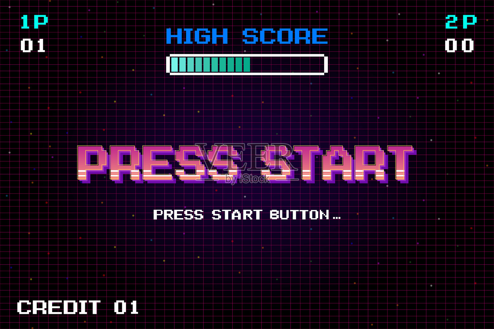 按下开始,插入硬币以继续。像素艺术。8位游戏。复古游戏。用于游戏资产。复古未来主义科幻背景。发光的霓虹网格和来自复古街机电脑游戏的星星。插画图片素材