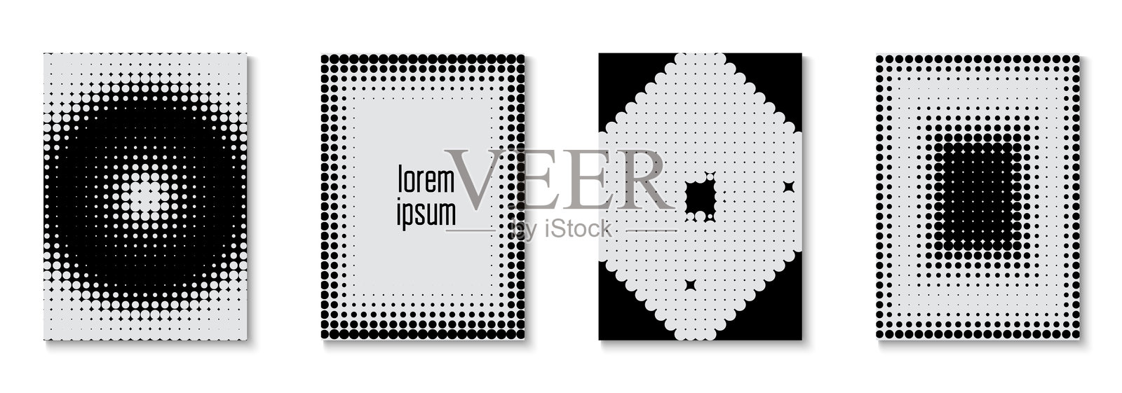 品牌图案集。白色波浪封面。夏季圆圈与现代艺术。带几何框架的平面邀请函。商业纹理。黑白半色调传单。黑色品牌图案。插画图片素材