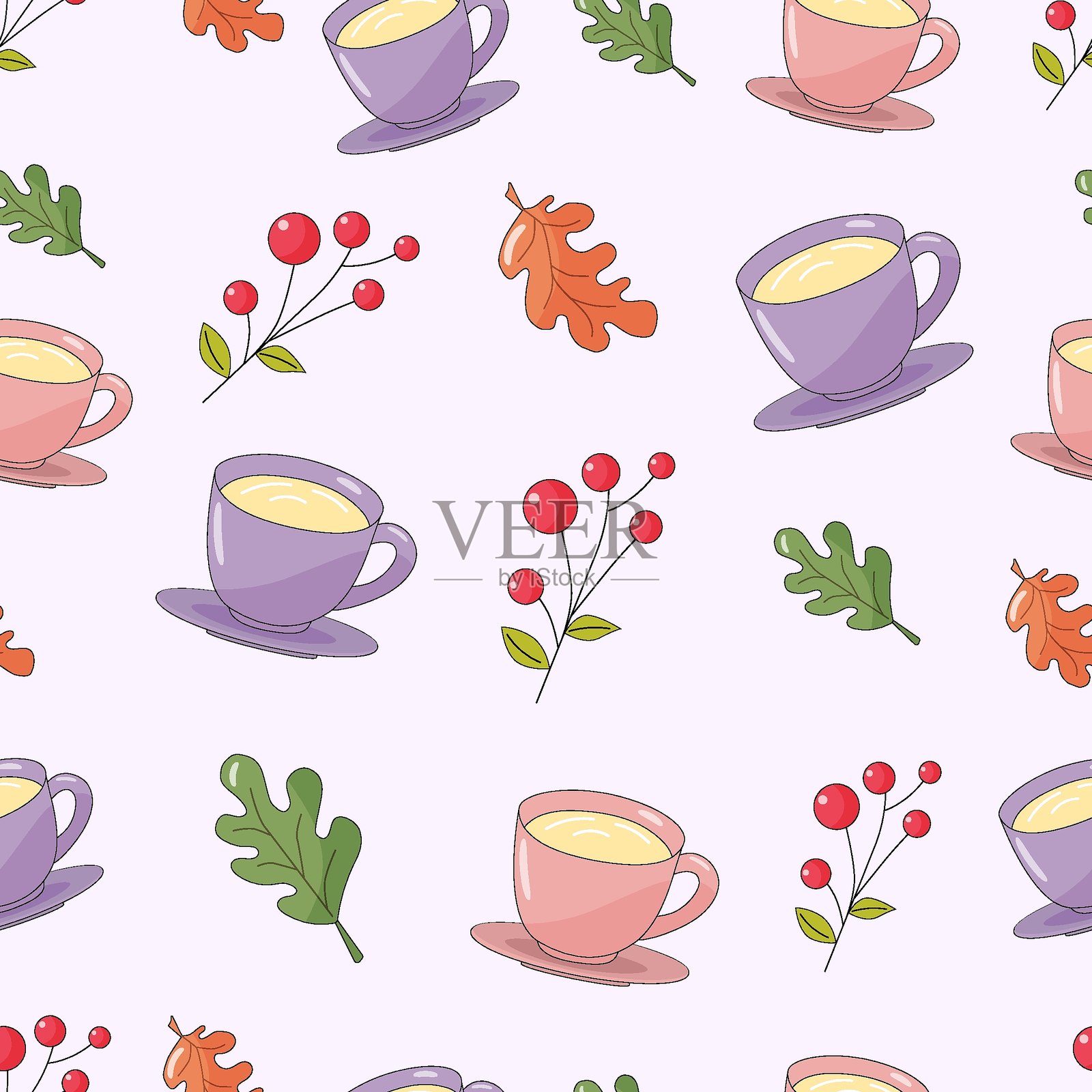 秋天。橡树叶,西洋接骨木浆果,咖啡或茶杯。手绘。插画图片素材