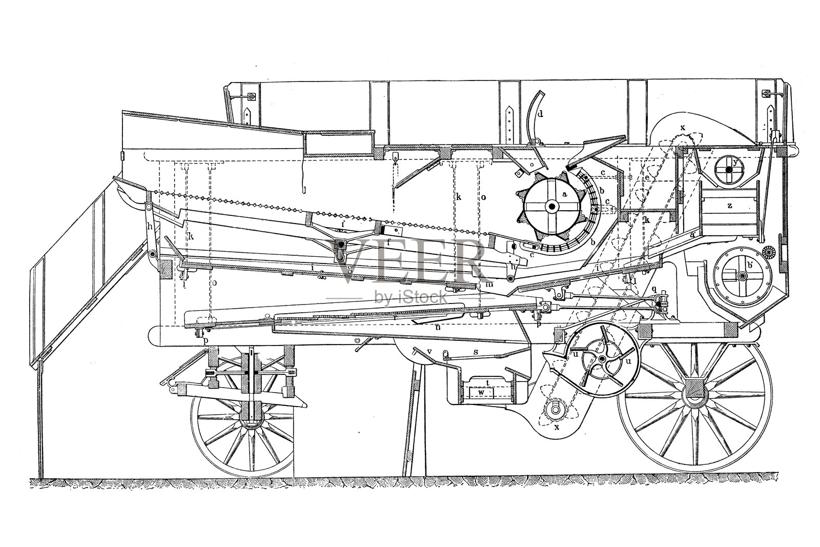脱粒机,能够通过打击将谷物从植物中分离的机器插画图片素材