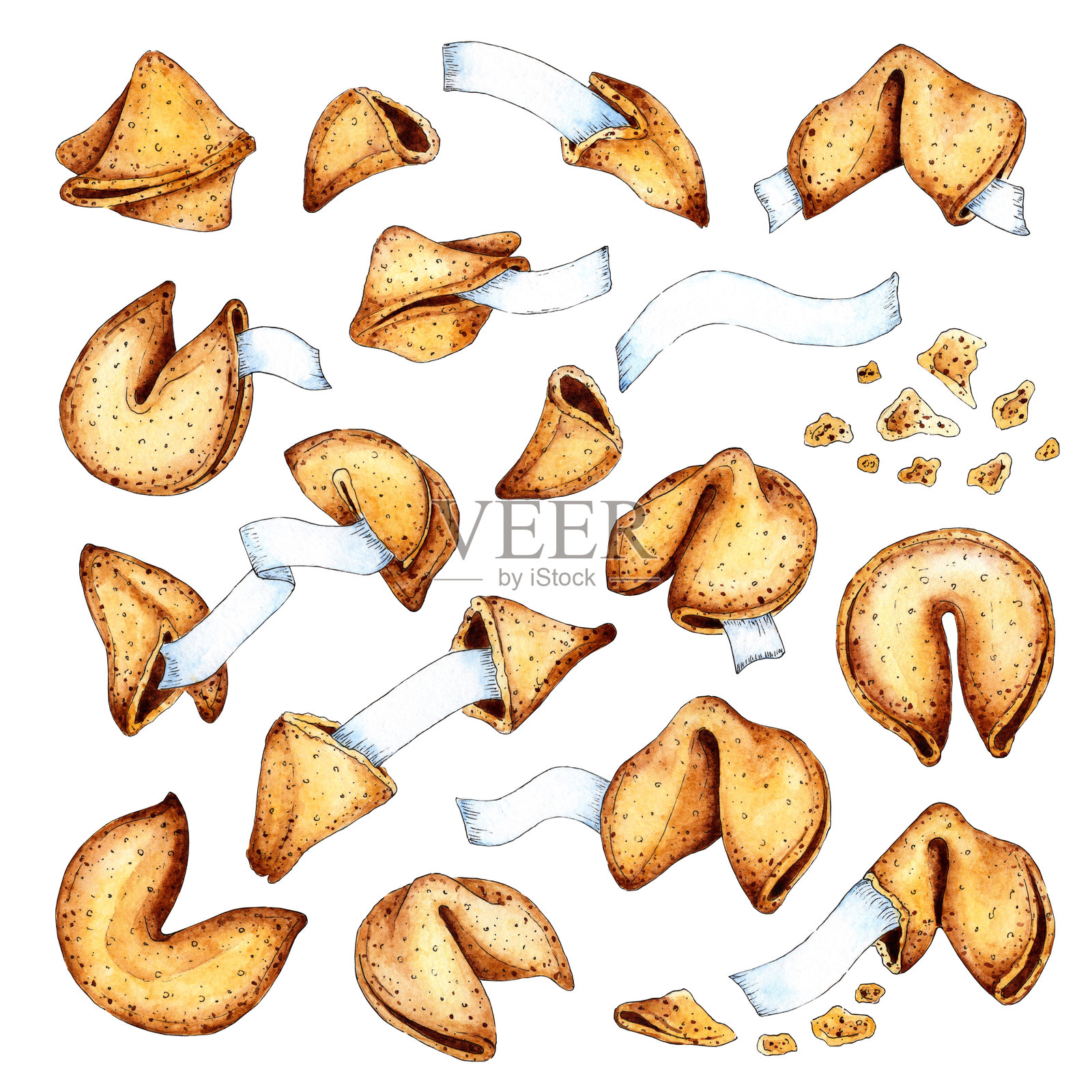 水彩画的幸运饼干套装。中国节日饼干。春节。饼干占卜。白色背景下的孤立图像。手绘。插画图片素材