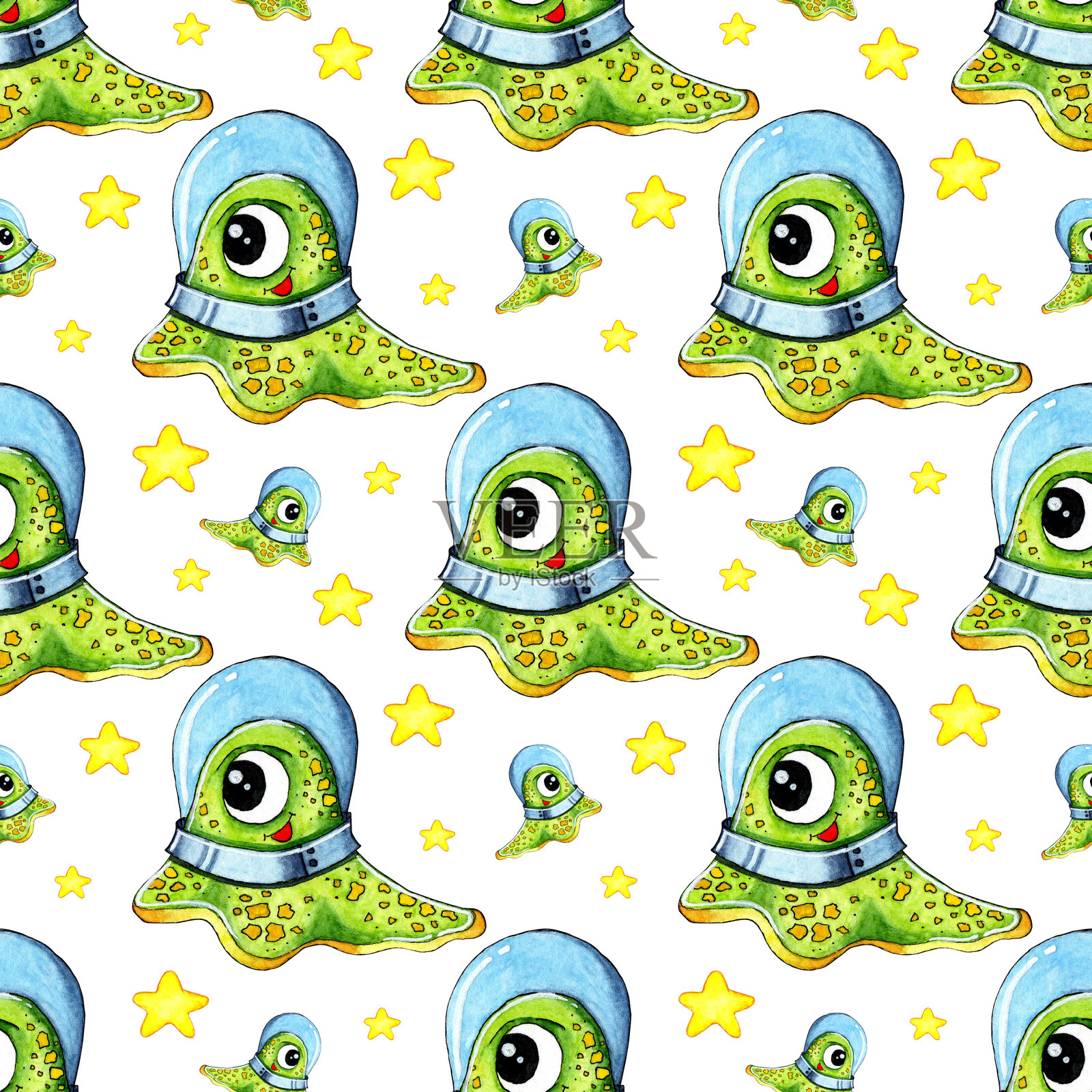 水彩画无缝外星人图案。手绘背景涂鸦宇宙图案。可爱的绿色人形生物。适用于服装、设计、包装纸的印刷。背景为白色。插画图片素材
