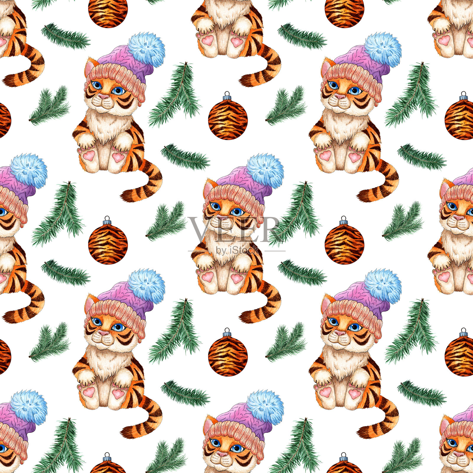 水彩画图案,包含卡通老虎、圣诞球和松树枝。象征中国新年和圣诞节。冬季儿童插图。背景为白色。插画图片素材