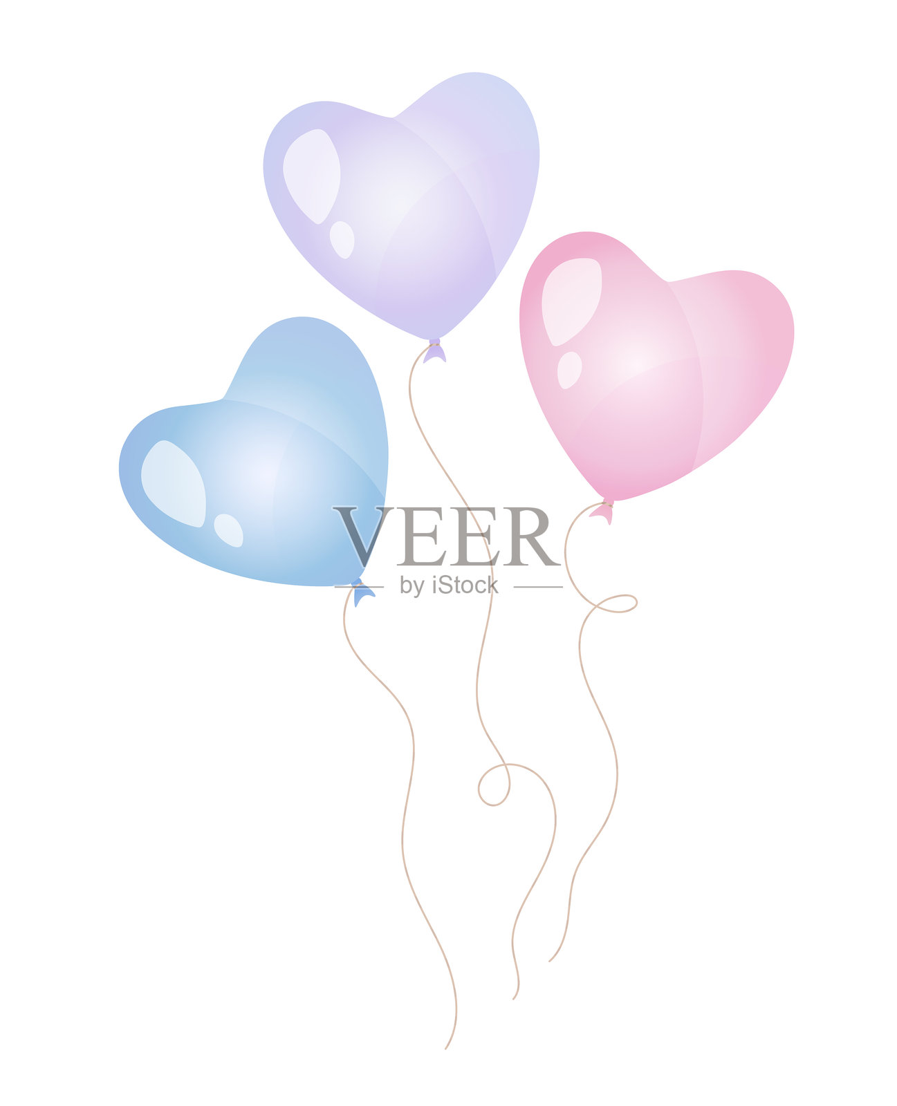 心形氦气气球套装。可爱的矢量插图,采用粉色、蓝色和紫色,带有光泽高光。非常适合生日设计、派对邀请和情人节装饰。插画图片素材