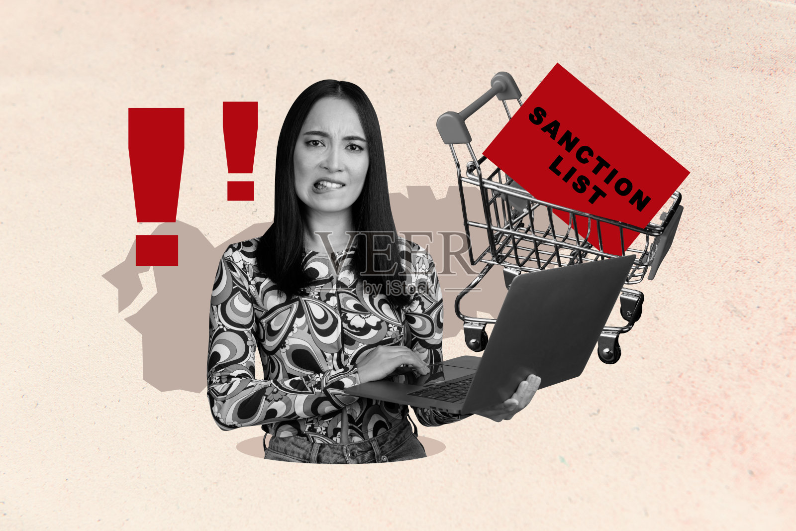 年轻女士困惑地手持笔记本电脑和行李车,3D拼贴,制裁名单,经济政治危机,关注世界地图照片摄影图片