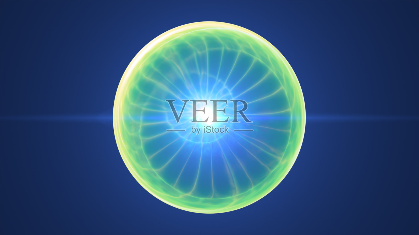 生动的黄绿色发光球体,中央有一个明亮的蓝色核心,象征着清洁能源照片摄影图片