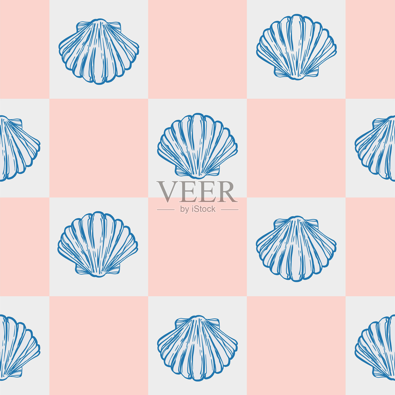 海洋贝壳的无缝图案,背景为黄色格子。灵感来自意大利夏季美学的甜蜜生活主题。复古海洋风格,女性化,俏皮设计,充满迷人的女孩风格。插画图片素材