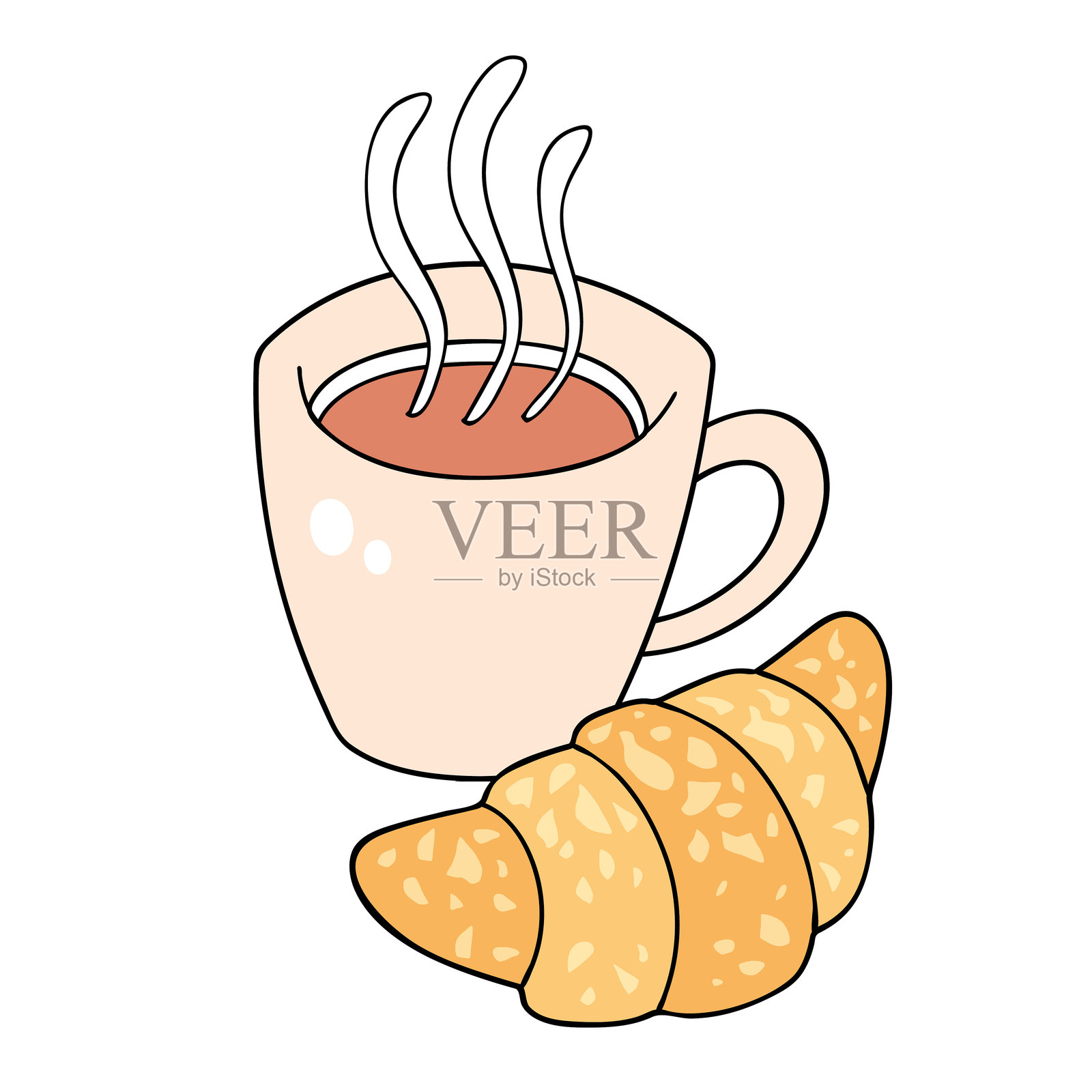 热咖啡杯和一个可颂面包插画图片素材