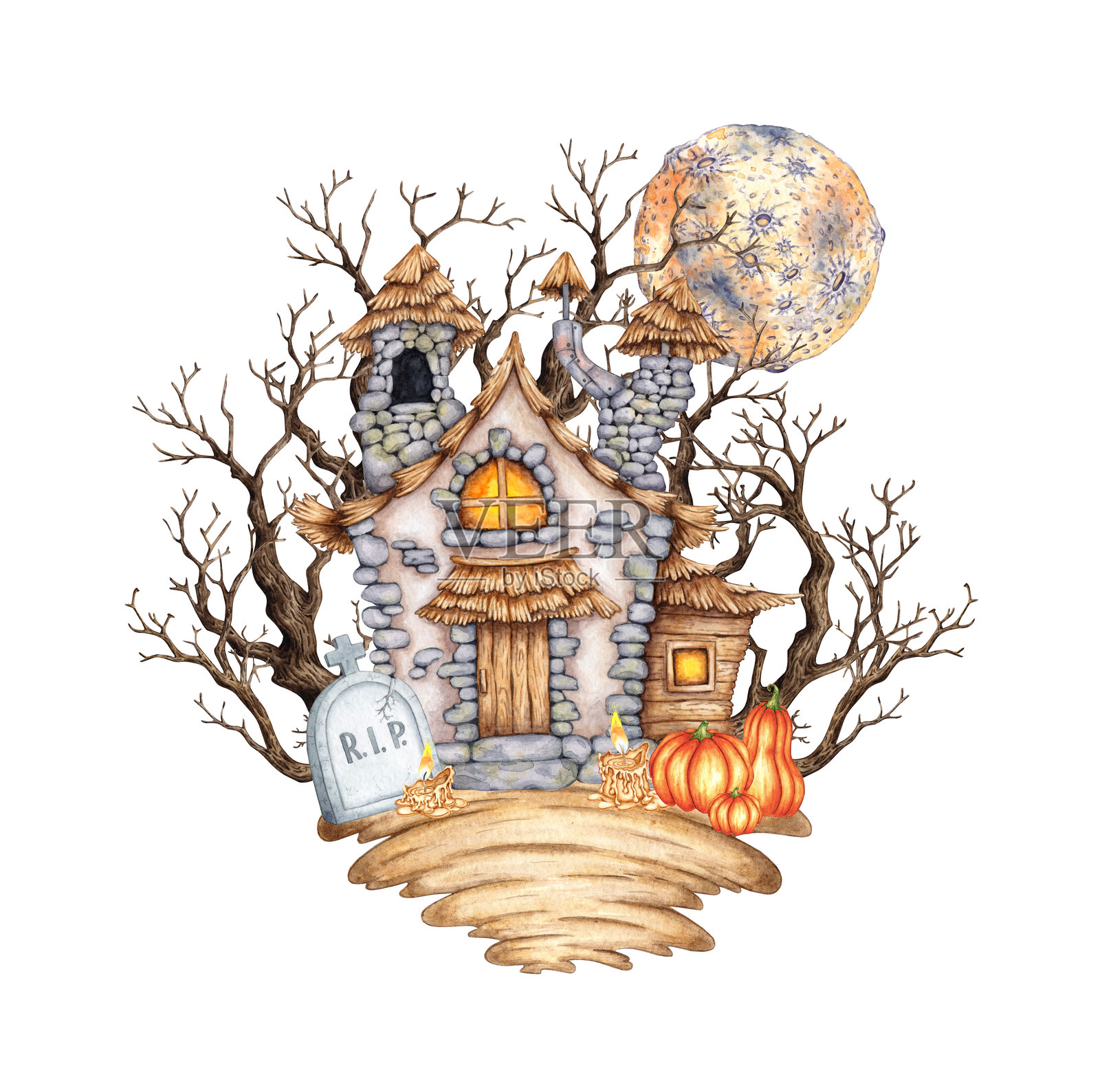 水彩画中的城堡、干枯的树枝、月亮和墓碑插画图片素材
