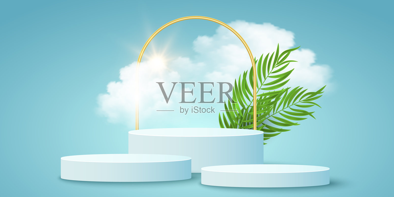 热带3D产品展示台,阳光明媚,逼真的蓬松云朵和异国情调的棕榈叶,背景为蓝色。适用于化妆品品牌或夏季促销的底座设计。矢量图。插画图片素材