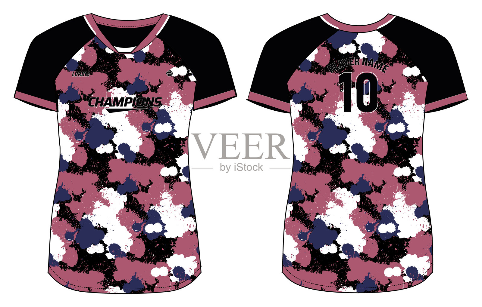 女性运动衫T恤设计平面草图插图,抽象油漆飞溅V领T恤,适合女孩和女士的排球、足球、羽毛球、足球和网球运动服装套件插画图片素材