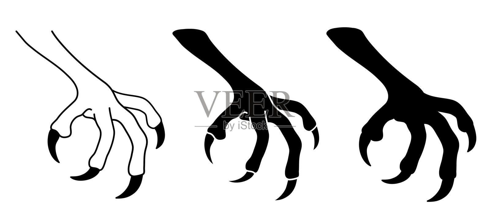 鸟爪或爬行动物蜥蜴爪的剪贴画插图,带有轮廓和剪影印章,背景透明插画图片素材
