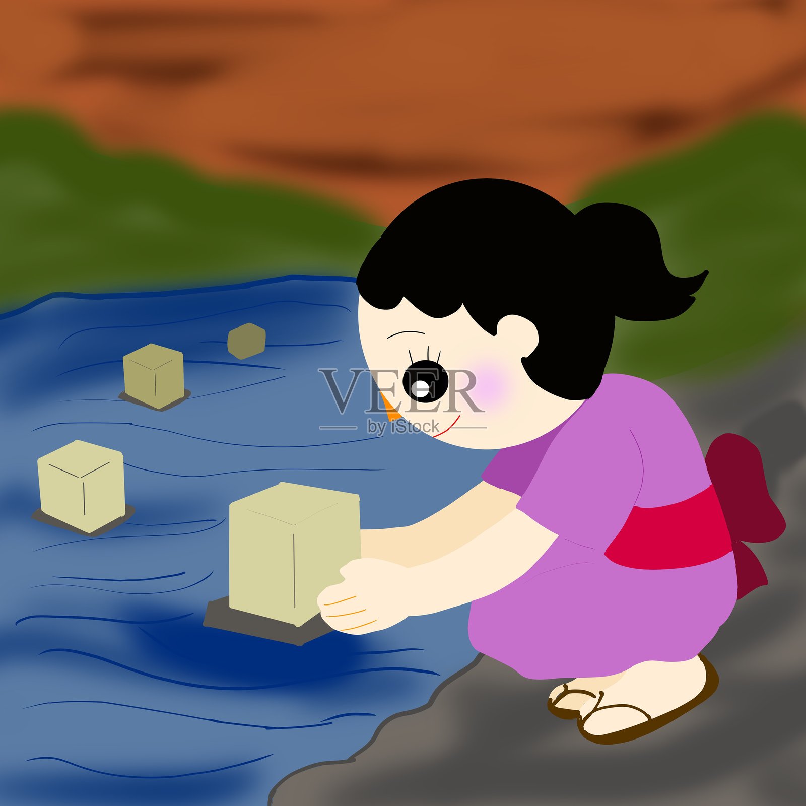 在河上放纸灯笼的仪式插画图片素材