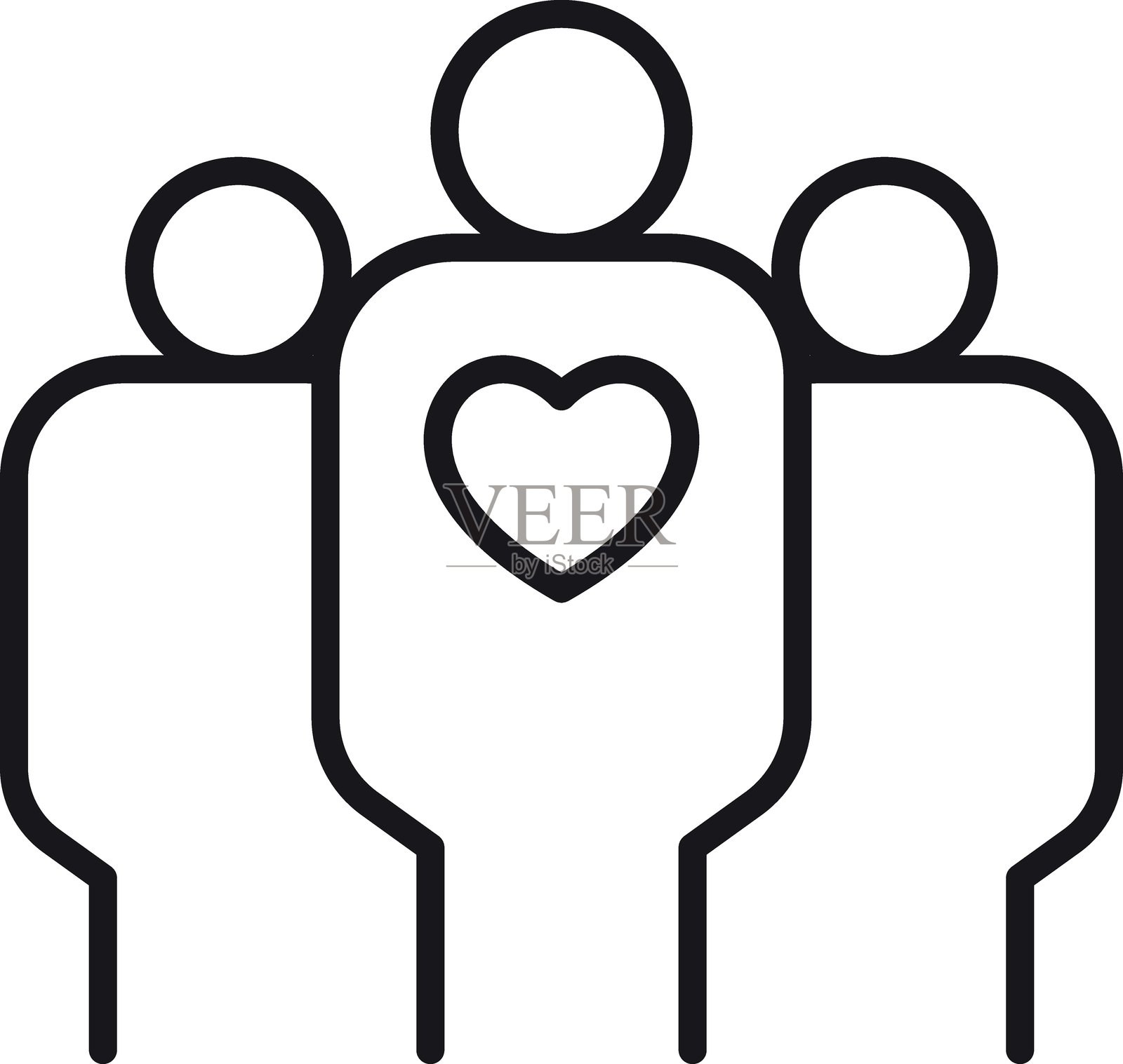 支持性人物与中心心形符号,采用细线风格。插画图片素材