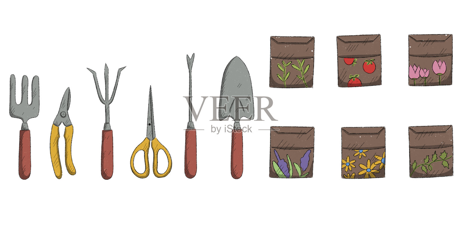 园艺工具集合。花卉市场,花店,园艺市场插画图片素材