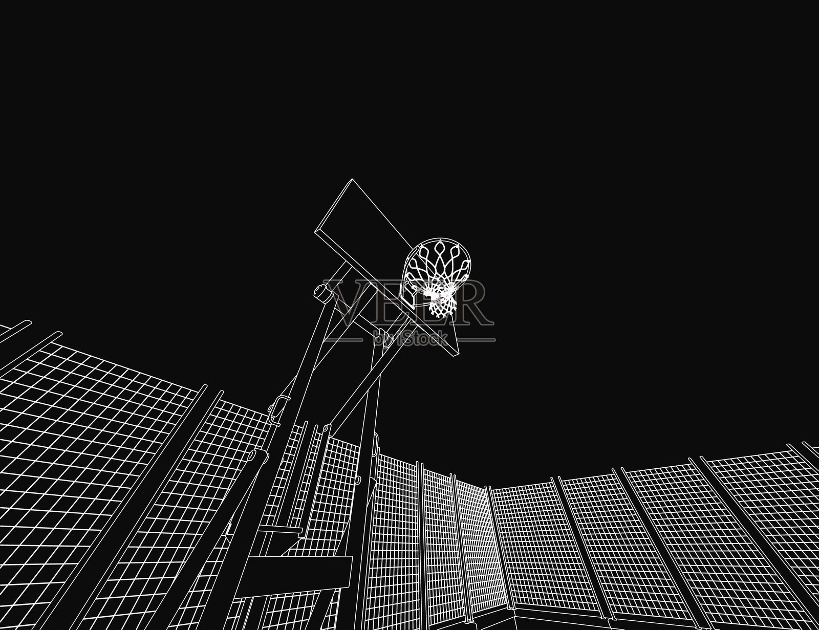 一幅黑白画,描绘了安装在屋顶上的篮球架,杆子上挂着精致的网。深色背景营造出神秘而阴郁的氛围。插画图片素材