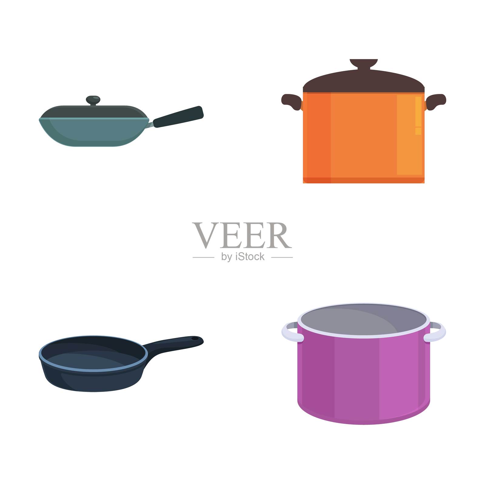 四个色彩缤纷的锅具和煎锅图标,独立于白色背景上插画图片素材